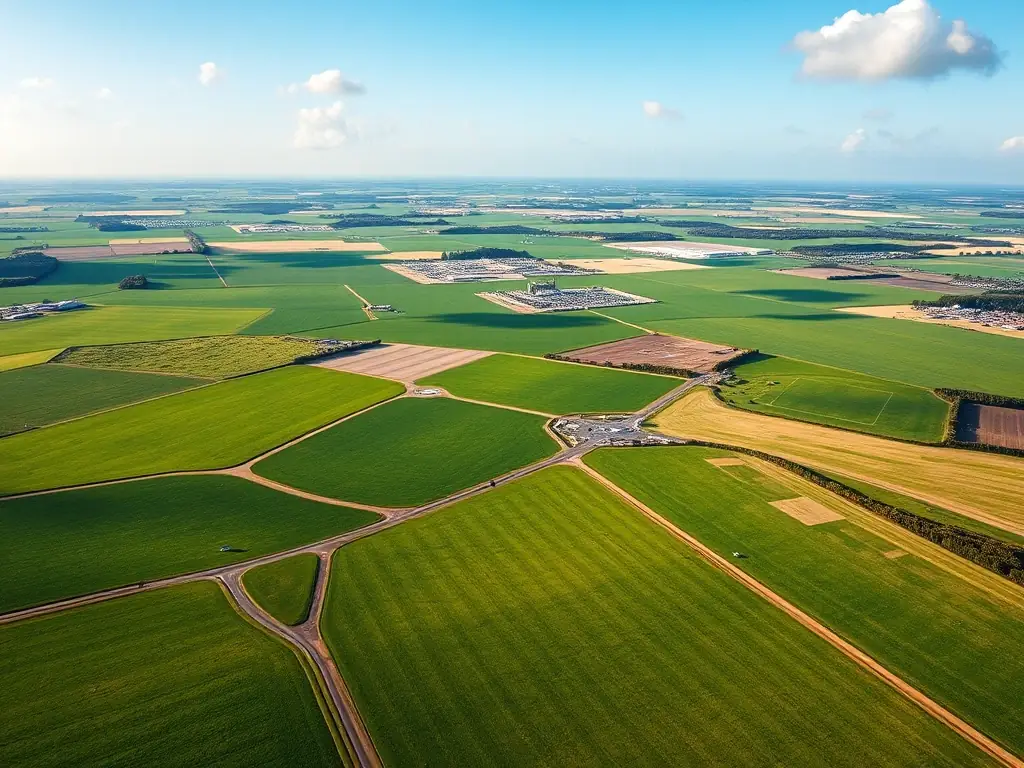 A wide aerial shot of a vast, green field in the Netherlands, prepared for data center construction, with subtle signs of initial groundwork. The sky is clear, indicating a bright future for the project.