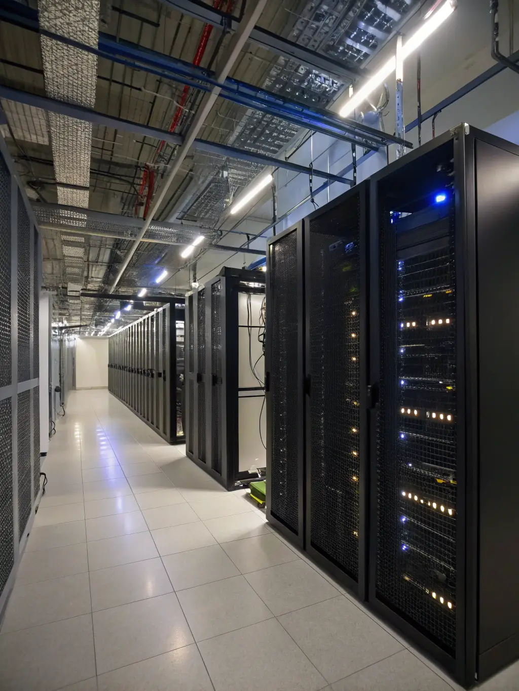 A modern data center with visible power lines and transformers, illustrating the importance of reliable power infrastructure for data center operations.