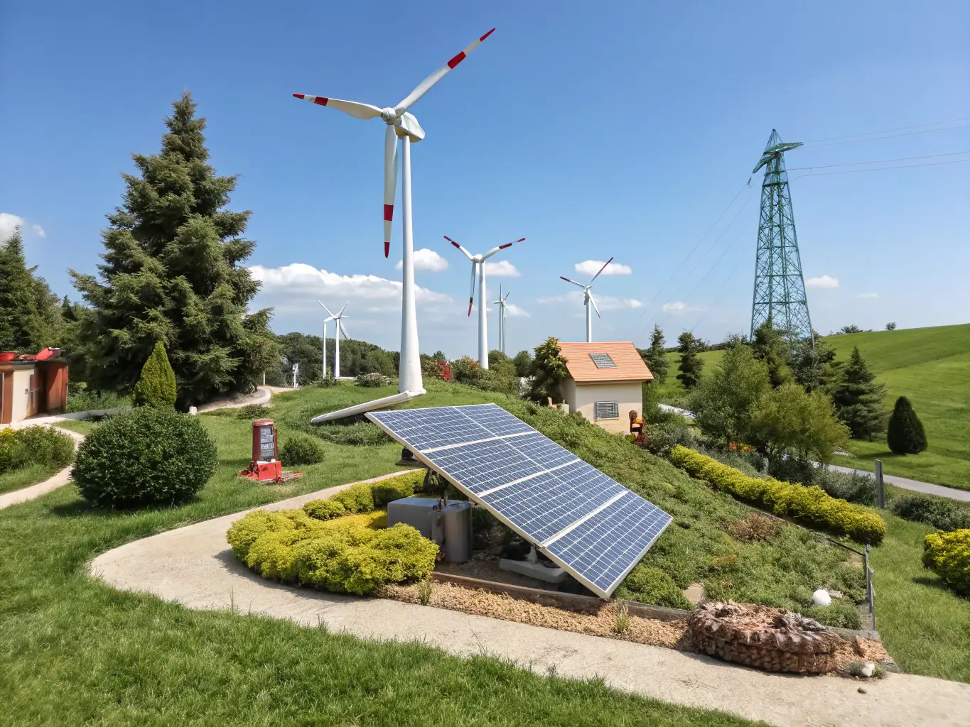 A visual representation of power grids and infrastructure in Belgium, emphasizing the coordination of energy supply for data centers. The image includes wind turbines and solar panels, symbolizing renewable energy sources.